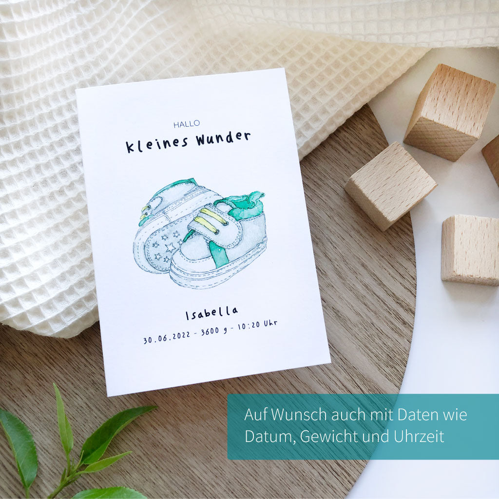 Karte mit Aufdruck "Hallo kleines Wunder", Name und Geburtsdaten und Bild von Babyschuhen