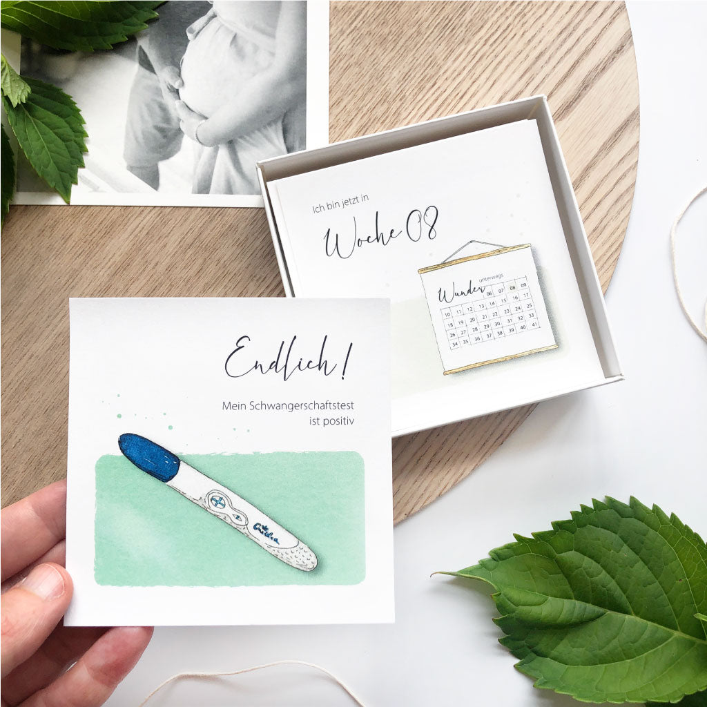 Karte "Endlich, mein Schwangerschaftstest ist positiv" und "Woche 8"