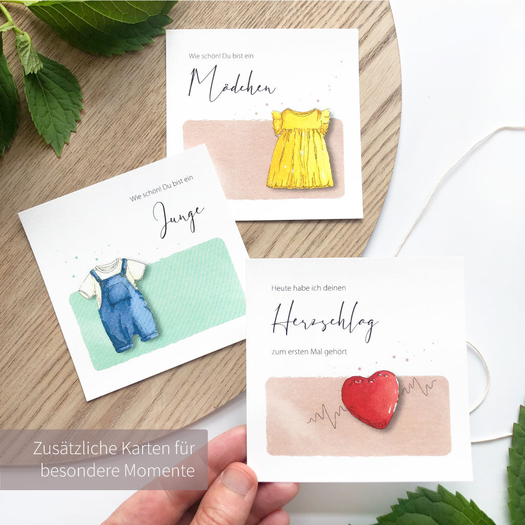 Karten "Wie schön, du bist ein Junge oder Mädchen" und "Heute habe ich deinen Herzschlag zum ersten Mal gehört"