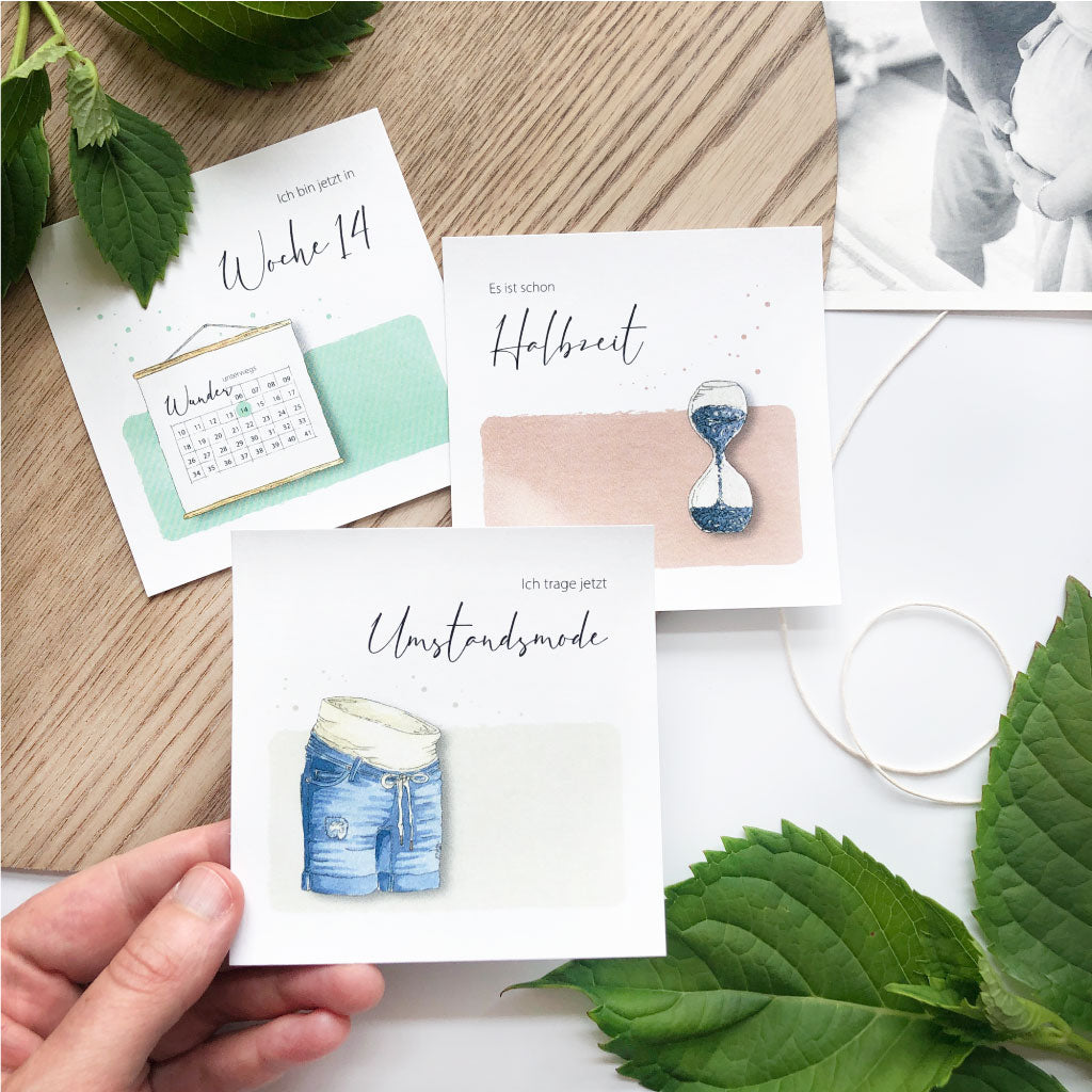 Karten "Ich trage jetzt Umstandsmode", "Woche 14" und "Es ist schon Halbzeit"