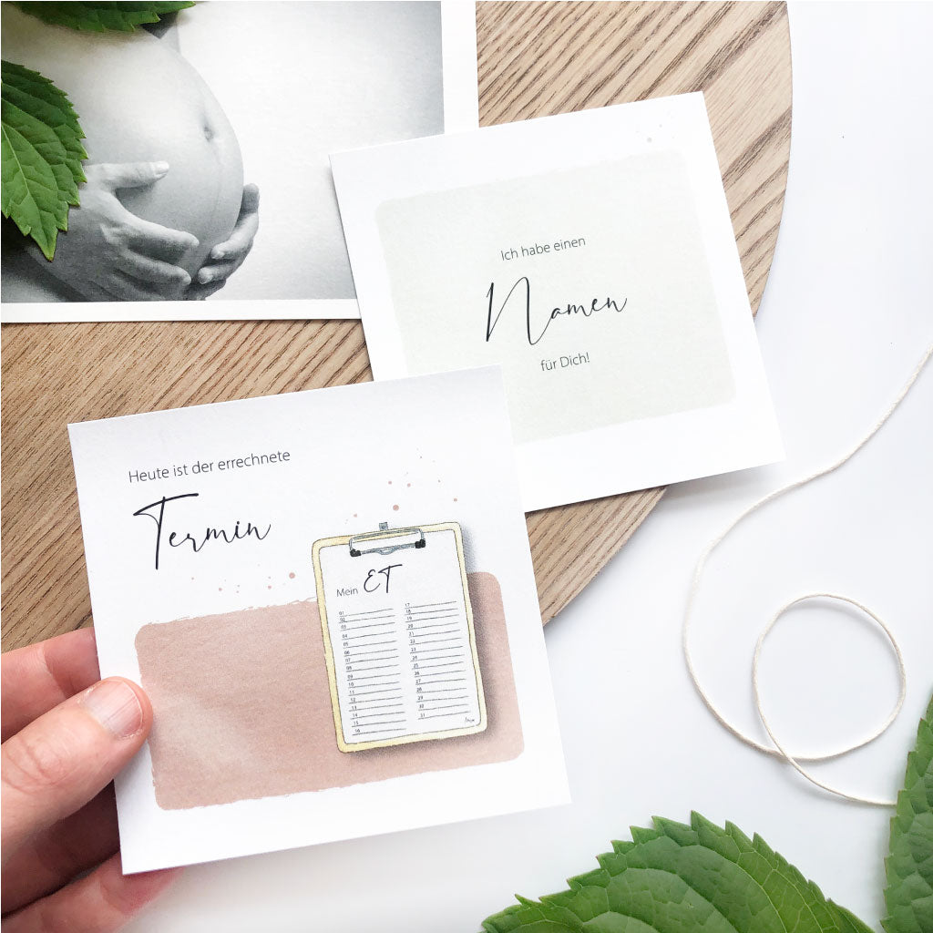 Karten "Heute ist der errechnete Termin" und "Ich habe einen Namen für dich"