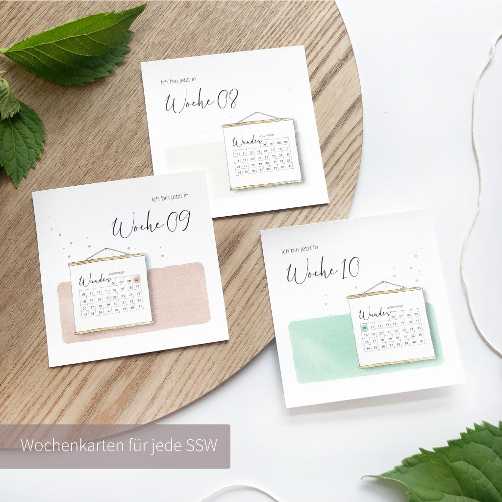 Karten zu den Schwangerschaftswochen 8,9 und 10 mit Kalender Motiven