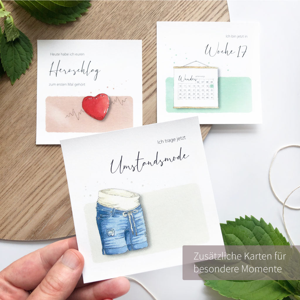 Karten "Ich trage jetzt Umstandsmode", "Heute habe ich deinen Hertzschlag zum ersten Mal gehört" und Woche 17