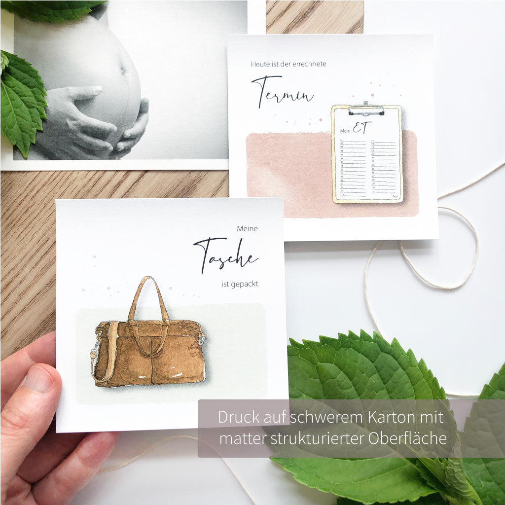 Karten "Meine Tasche ist gepackt" und "Heute ist der errechnete Termin"