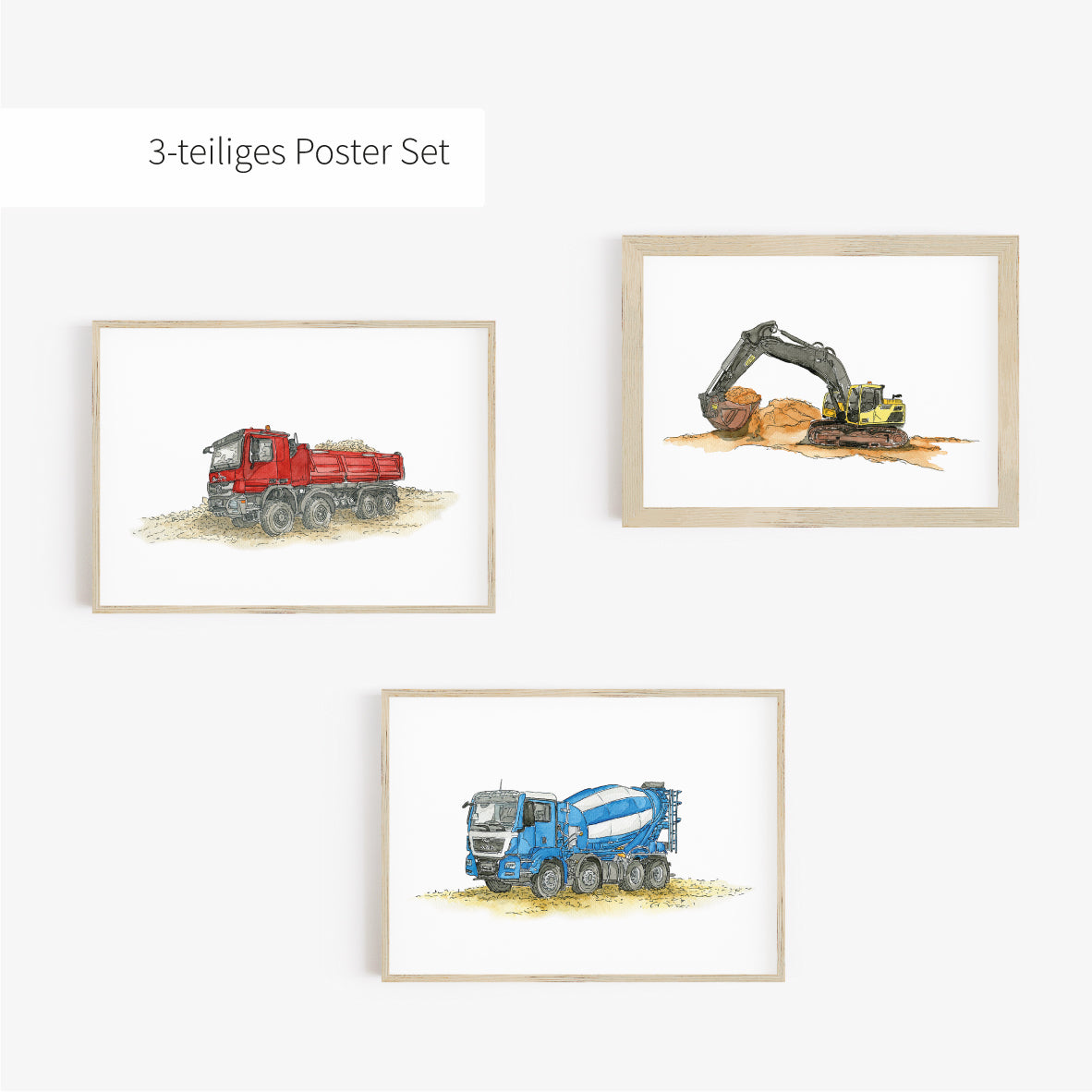 Poster-3er-Set-Bagger-Kipper-Betonmischer-Baustelle-Bilder-Kinderzimmer