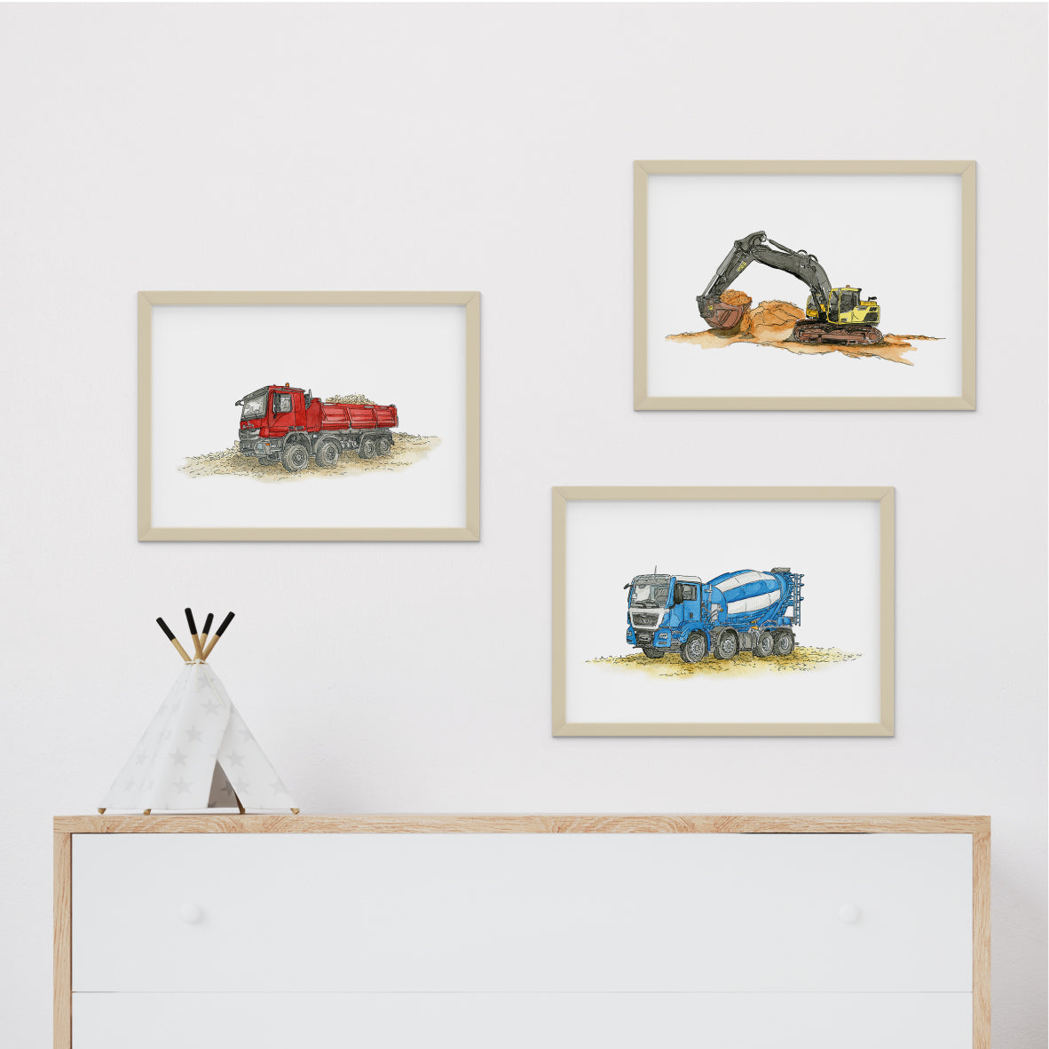 Poster-3er-Set-Bagger-Kipper-Betonmischer-Baustelle-Bilder-Kinderzimmer