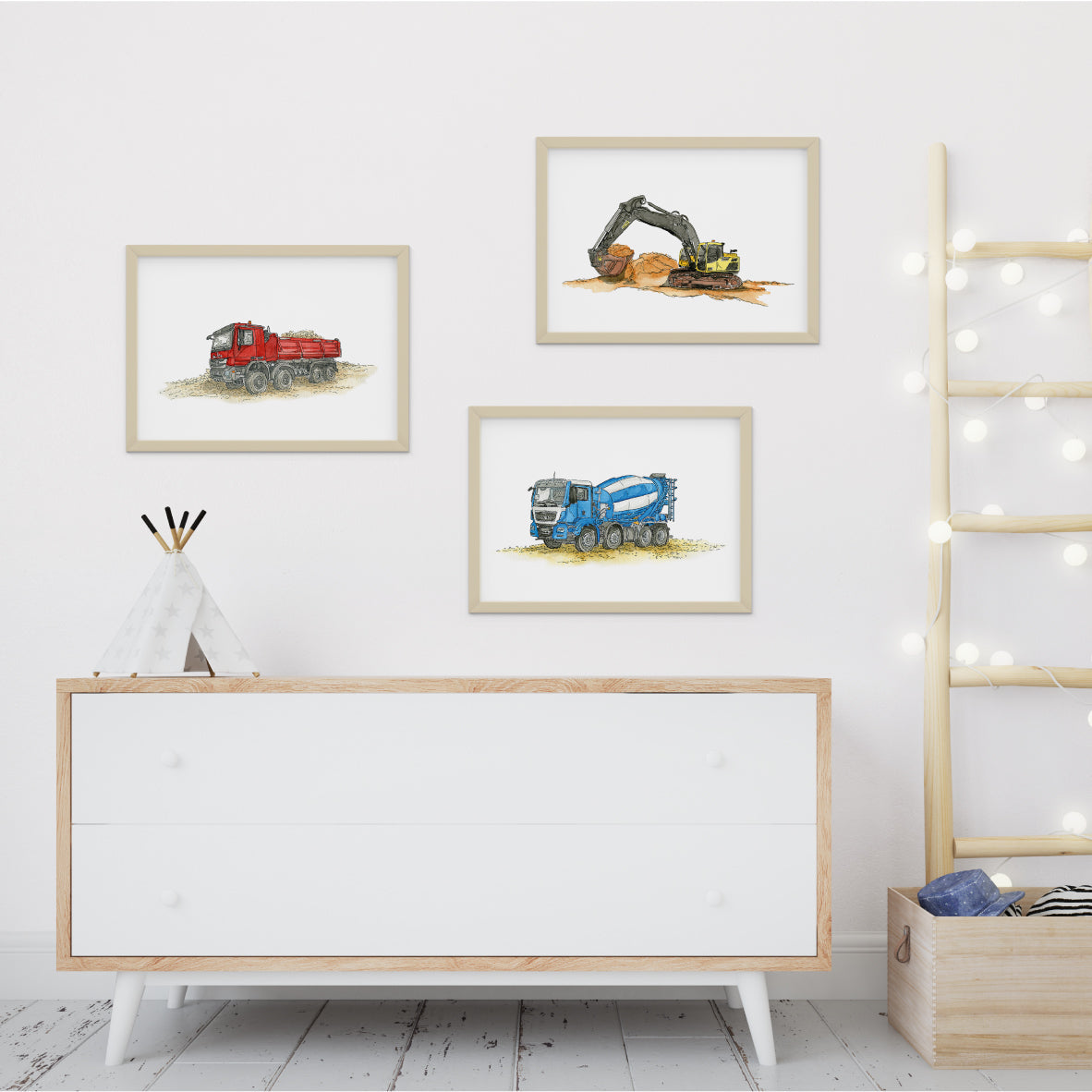 Poster-3er-Set-Bagger-Kipper-Betonmischer-Baustelle-Bilder-Kinderzimmer