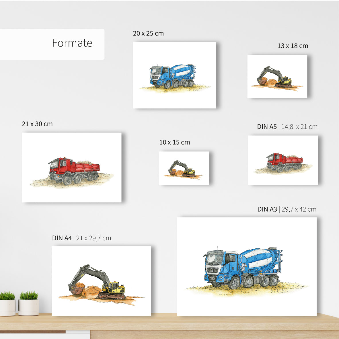 Poster-3er-Set-Bagger-Kipper-Betonmischer-Baustelle-Bilder-Kinderzimmer