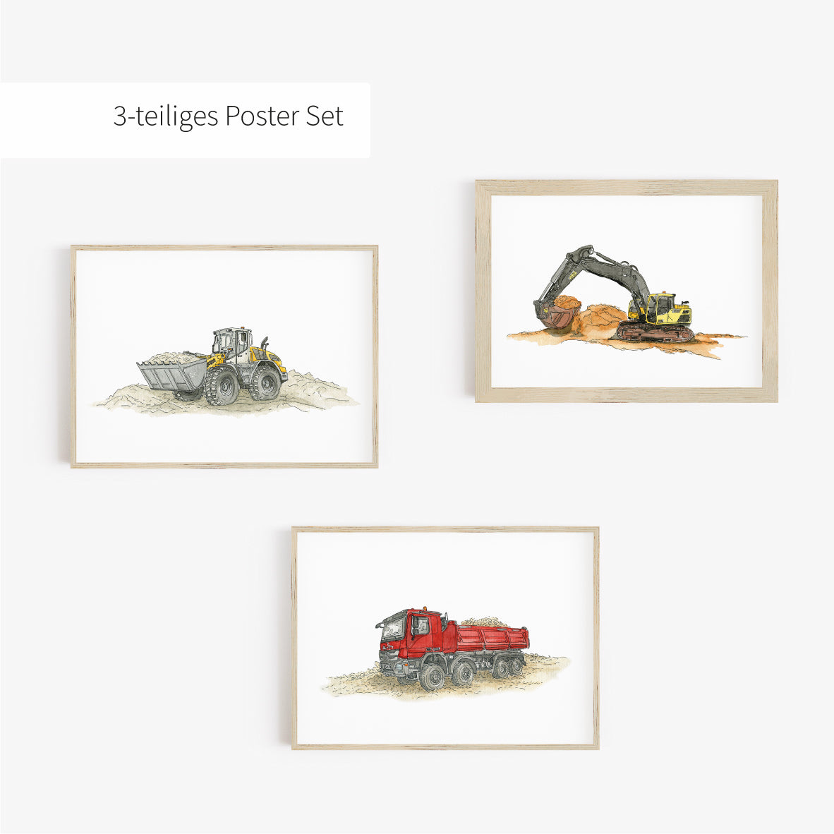 Poster-3er-Set-Bagger-Radlader-Kipper-Bilder-Kinderzimmer-Baustelle