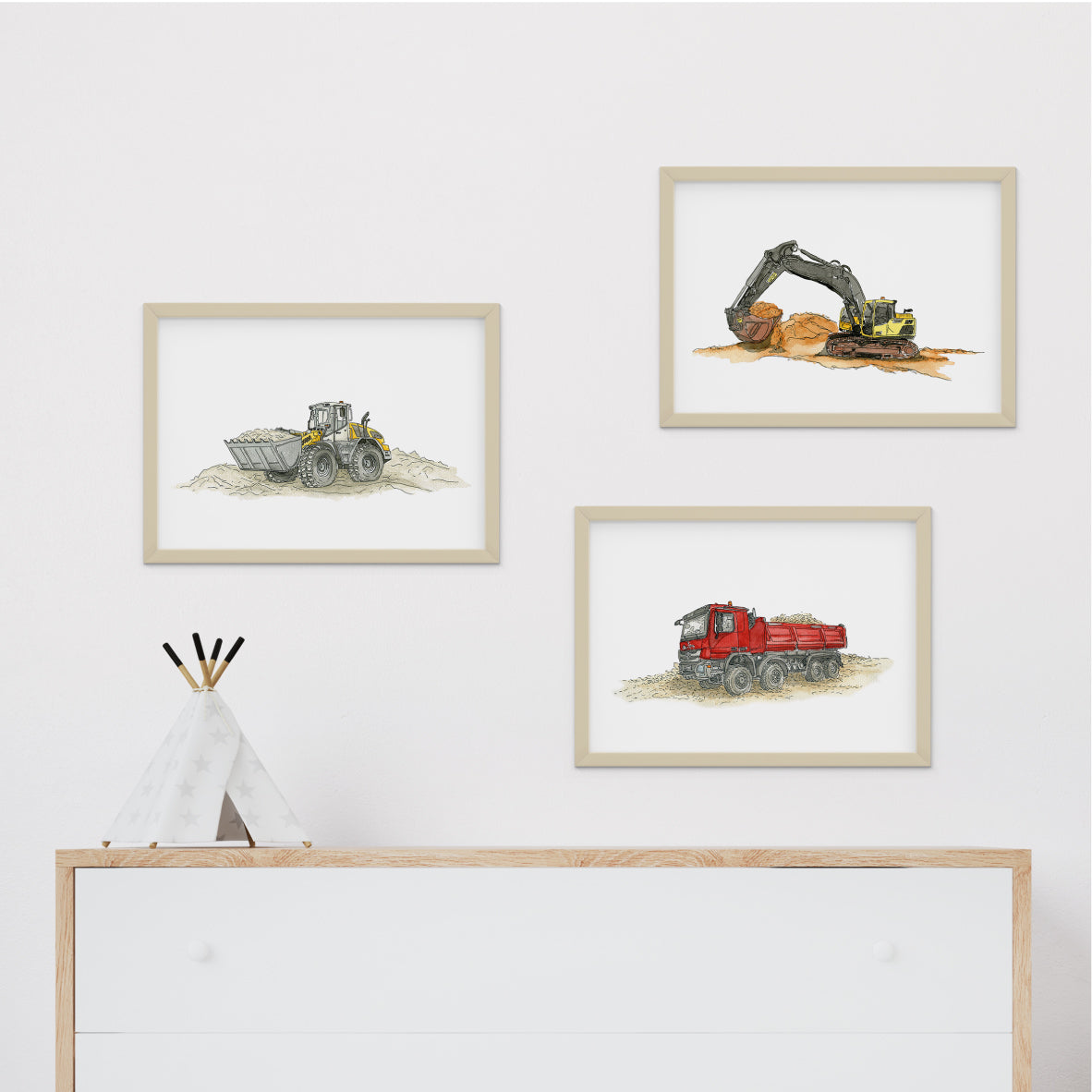 Poster-3er-Set-Bagger-Radlader-Kipper-Bilder-Kinderzimmer-Baustelle