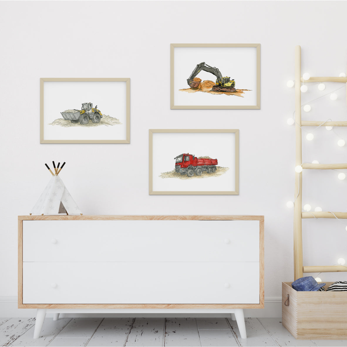 Poster-3er-Set-Bagger-Radlader-Kipper-Bilder-Kinderzimmer-Baustelle
