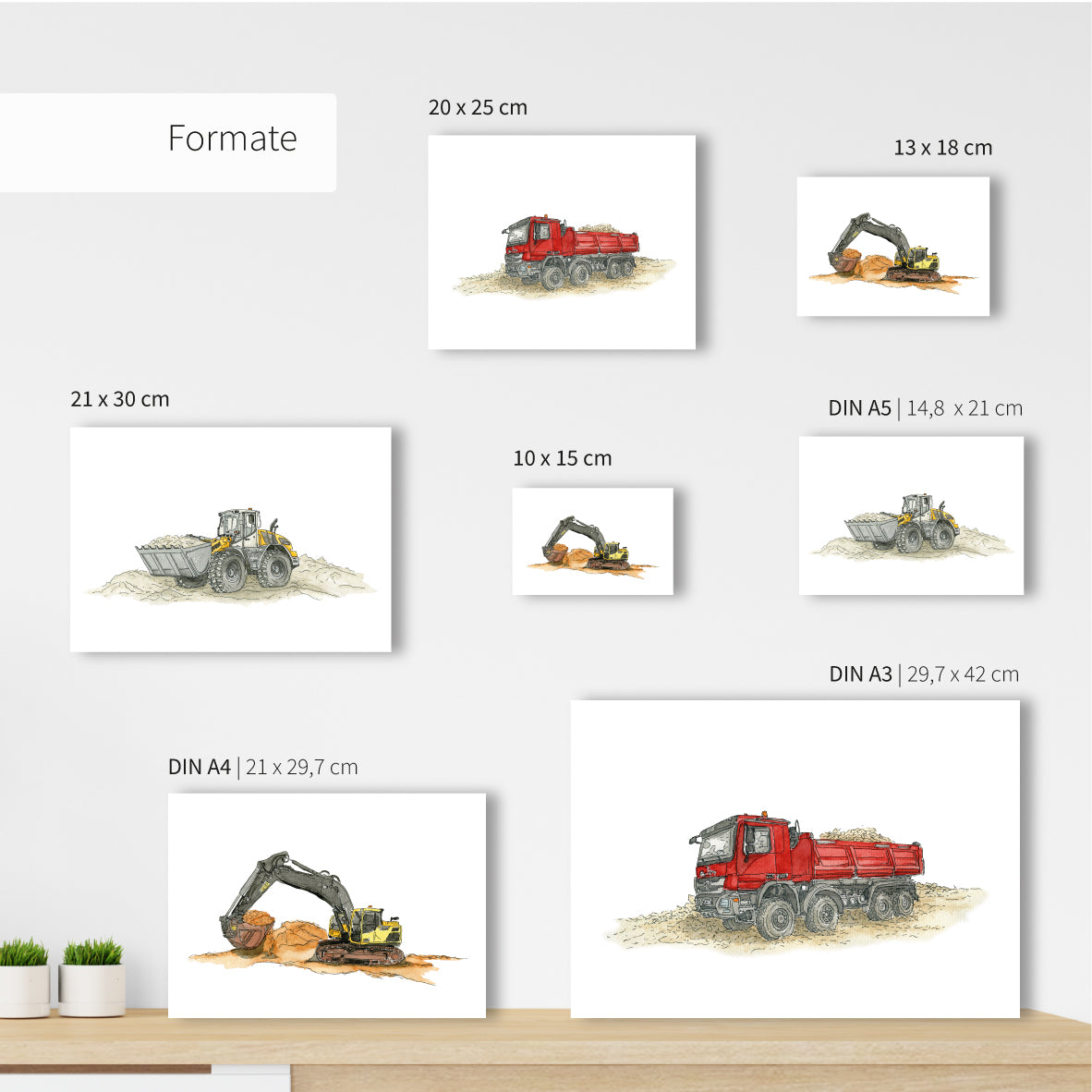 Poster-3er-Set-Bagger-Radlader-Kipper-Bilder-Kinderzimmer-Baustelle