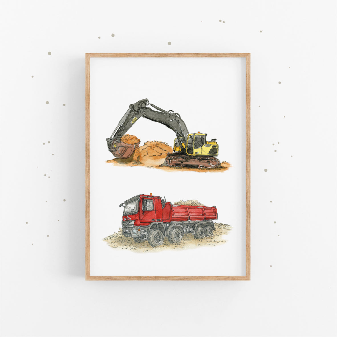 Poster-Bild-Kipper-Bagger-Baustelle-Kinderzimmer-Set-LKW-Kipplader-Funkenbunt