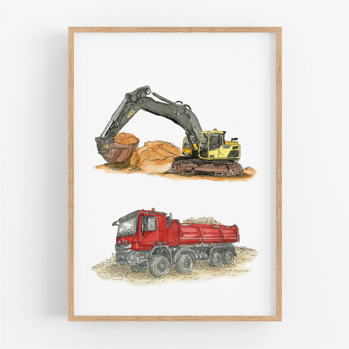 Poster-Bild-Kipper-Bagger-Baustelle-Kinderzimmer-Set-LKW-Kipplader-Funkenbunt