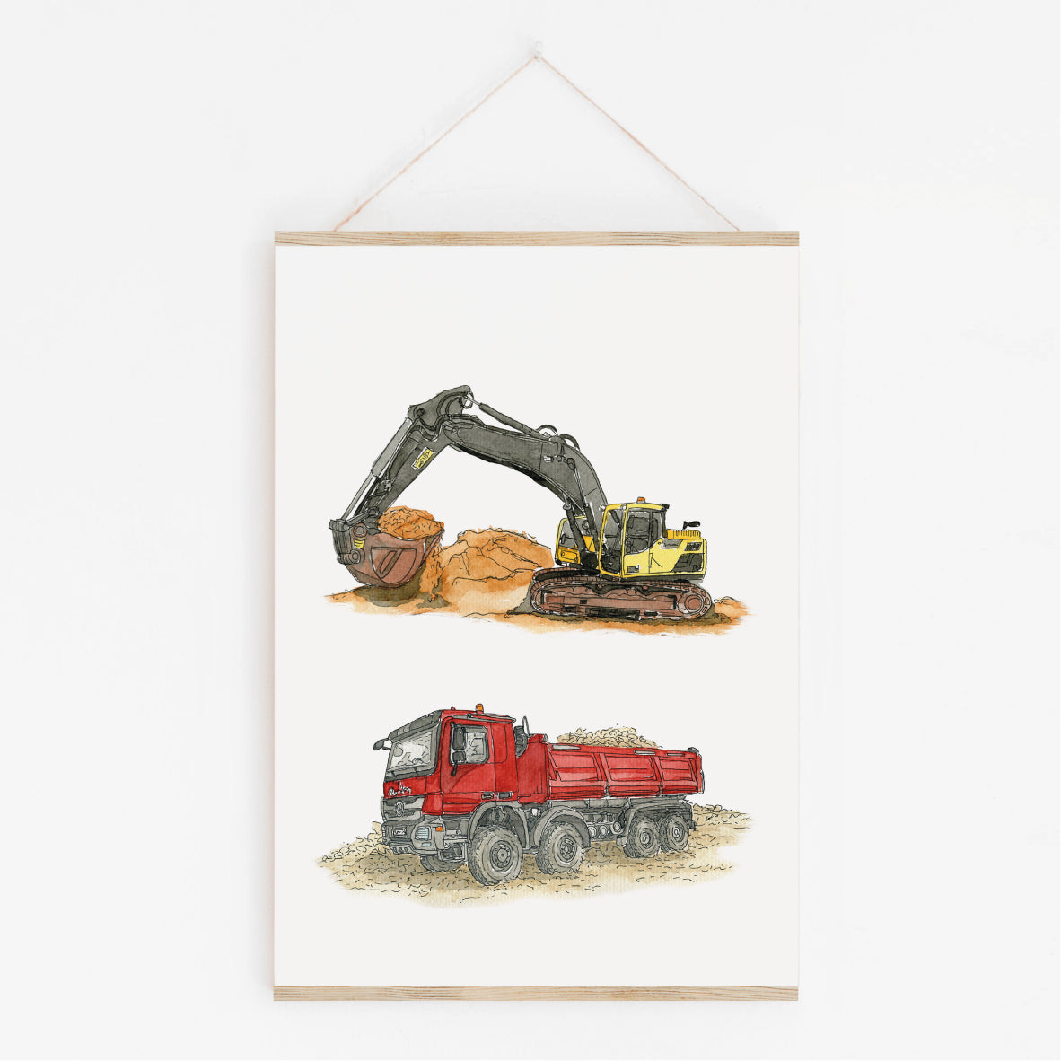 Poster-Bild-Kipper-Bagger-Baustelle-Kinderzimmer-Set-LKW-Kipplader-Funkenbunt