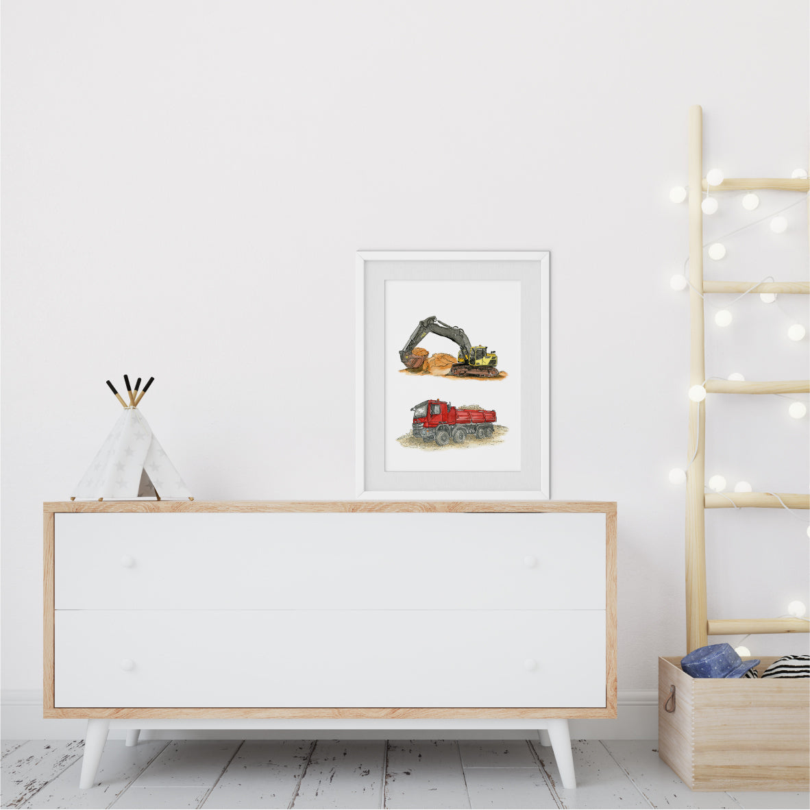 Poster-Bild-Kipper-Bagger-Baustelle-Kinderzimmer-Set-LKW-Kipplader-Funkenbunt