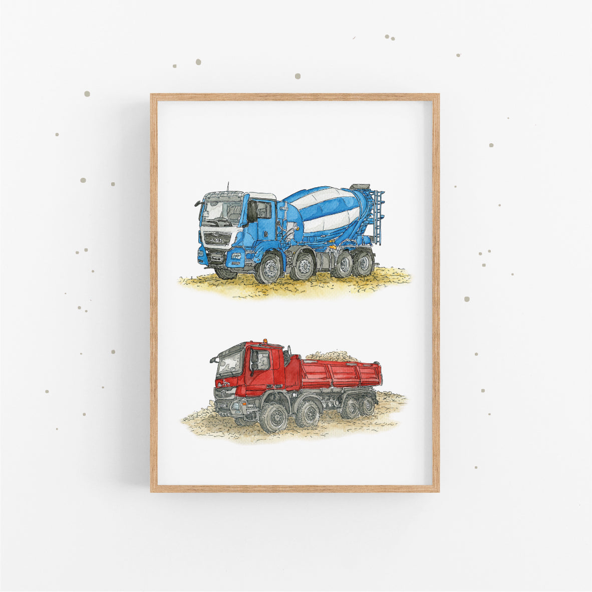 Poster-Kinderbild-Kipper-Betonmischer-Set-Baustelle-Fahrzeuge-Kinderzimmer