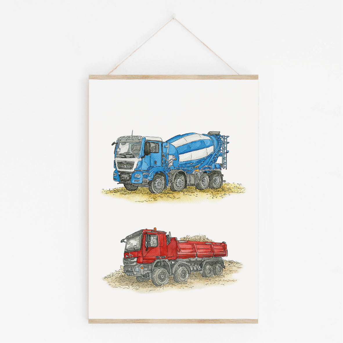 Poster-Kinderbild-Kipper-Betonmischer-Set-Baustelle-Fahrzeuge-Kinderzimmer
