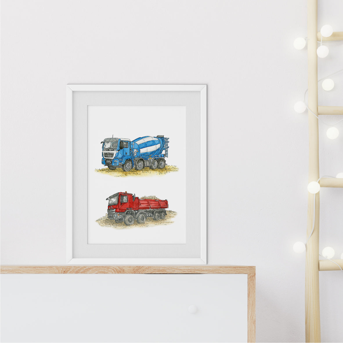 Poster-Kinderbild-Kipper-Betonmischer-Set-Baustelle-Fahrzeuge-Kinderzimmer