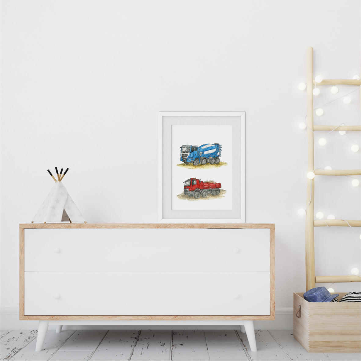 Poster-Kinderbild-Kipper-Betonmischer-Set-Baustelle-Fahrzeuge-Kinderzimmer