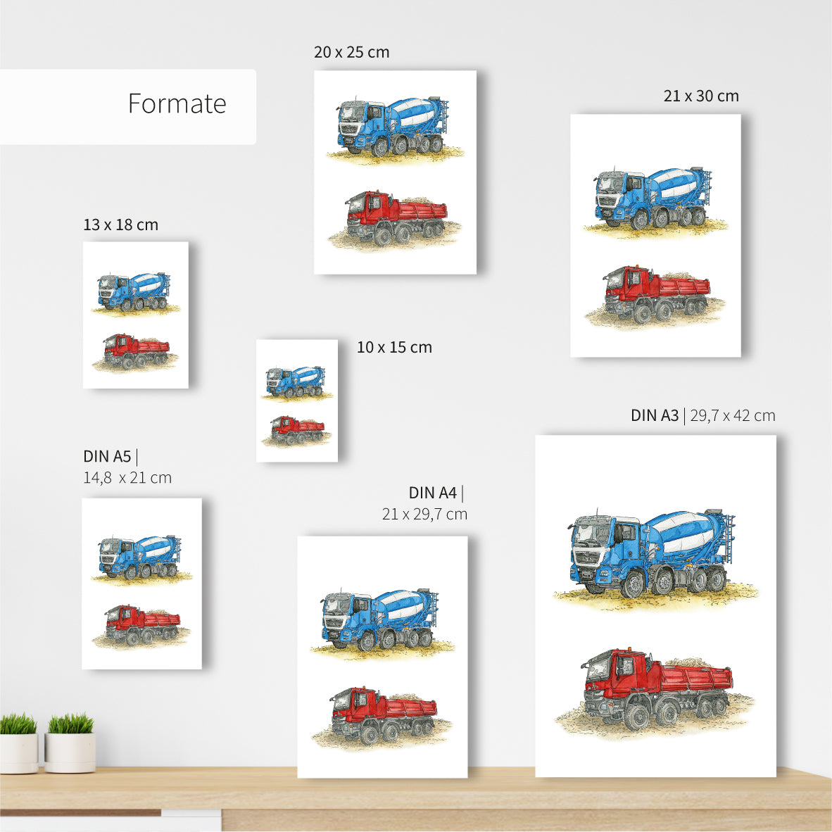 Poster-Kinderbild-Kipper-Betonmischer-Set-Baustelle-Fahrzeuge-Kinderzimmer