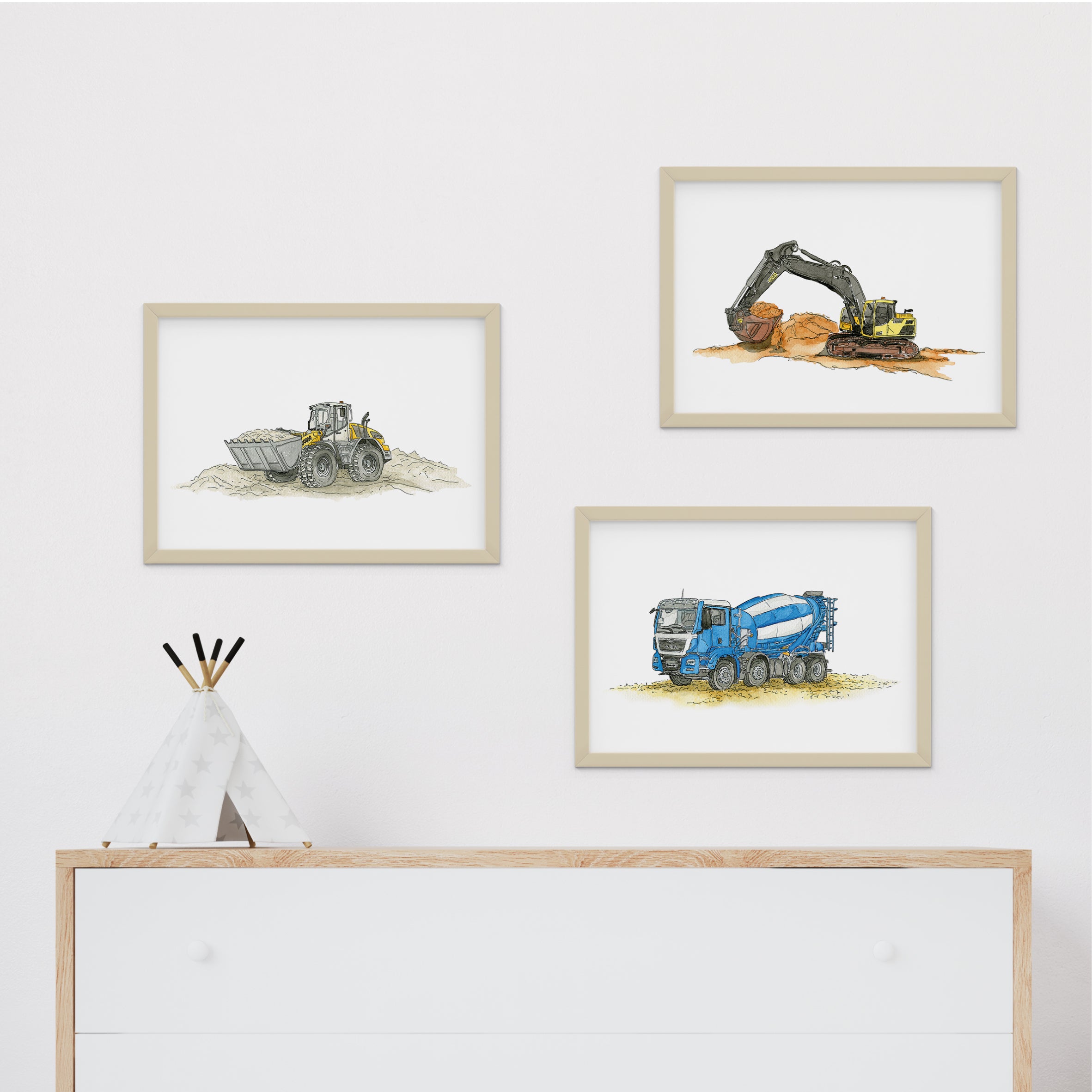 Fahrzeug Poster Set - Bagger | Radlader | Betonmischer