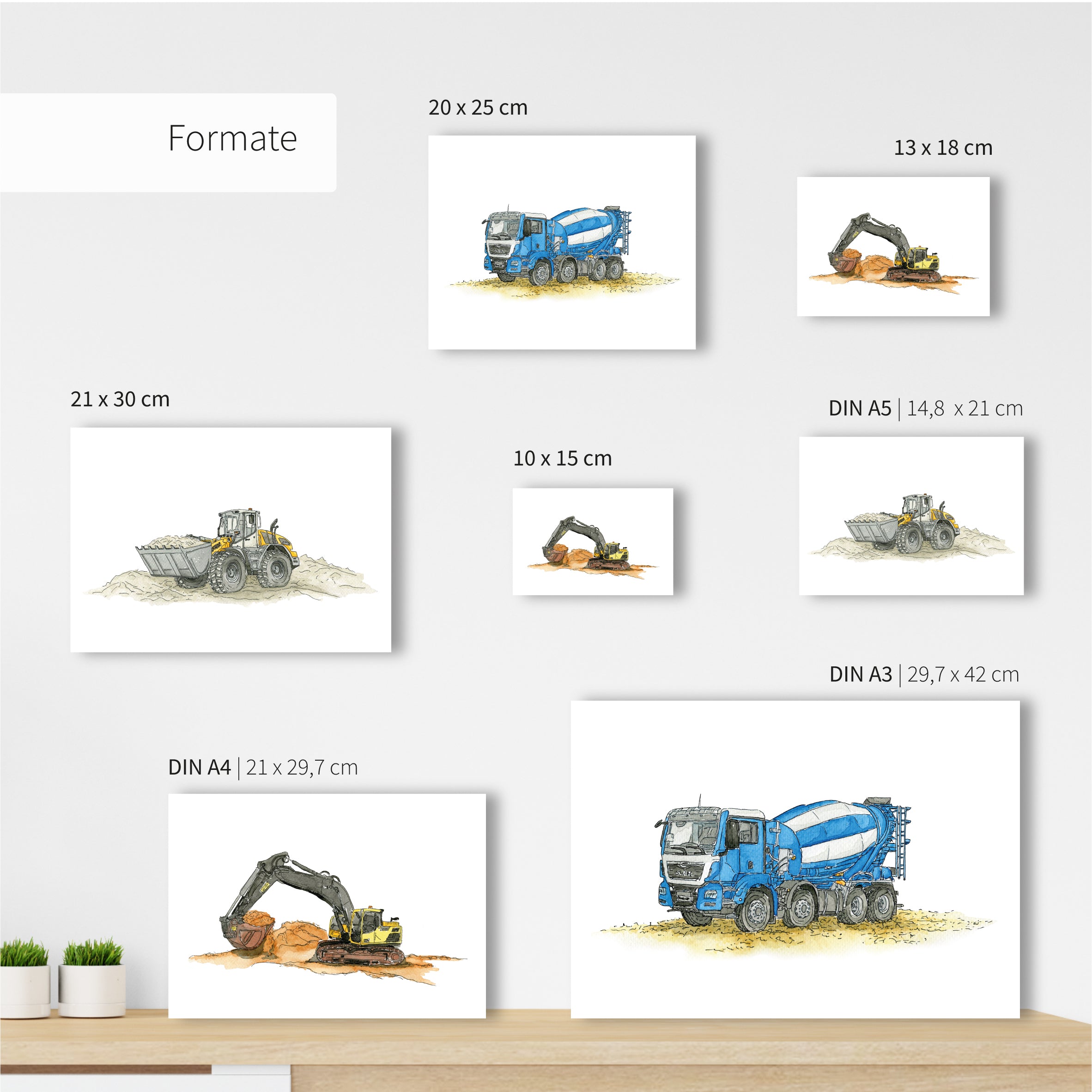 Fahrzeug Poster Set - Bagger | Radlader | Betonmischer