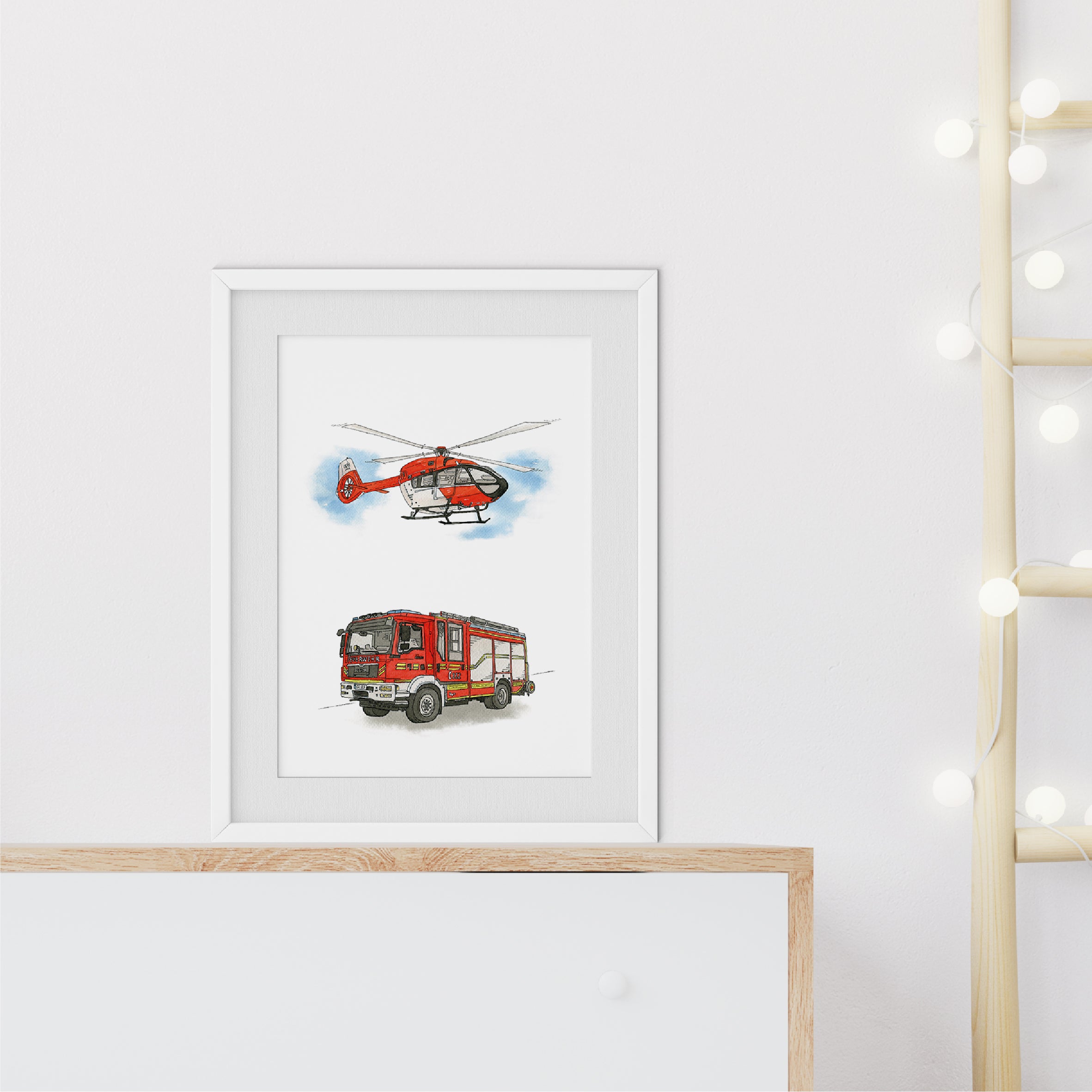 Fahrzeug Poster - Feuerwehr und Hubschrauber