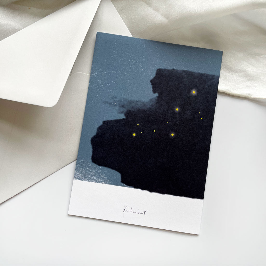 Rückseite der Karte mit Himmel und Sterne Motiv und Funkenbunt Logo