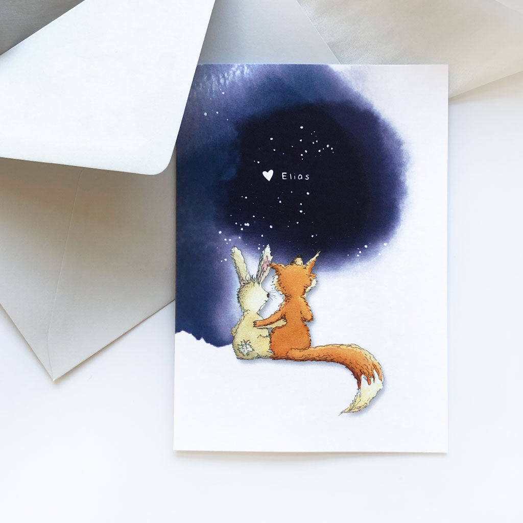 Beileidskarte für Erwachsene und Kinder mit Aquarell Motiv Himmel und Waldtieren