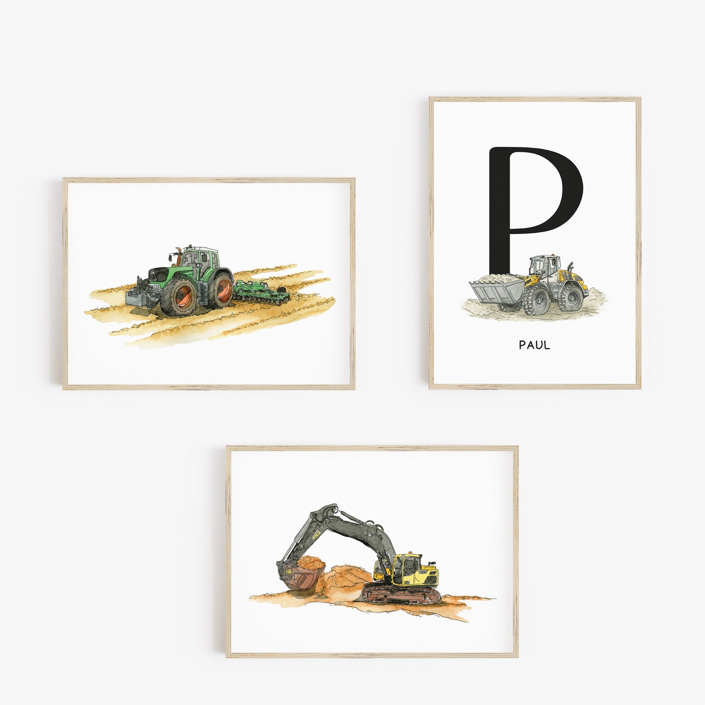 Vehicle Poster Set - Excavator | Wheel Loader | Tractor | Initial