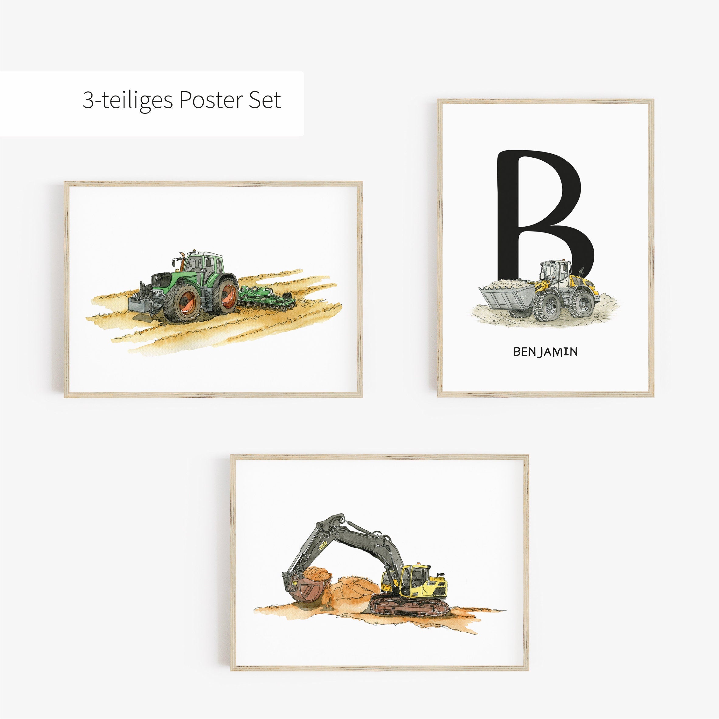 Fahrzeug Poster Set - Bagger | Radlader | Traktor | Initiale