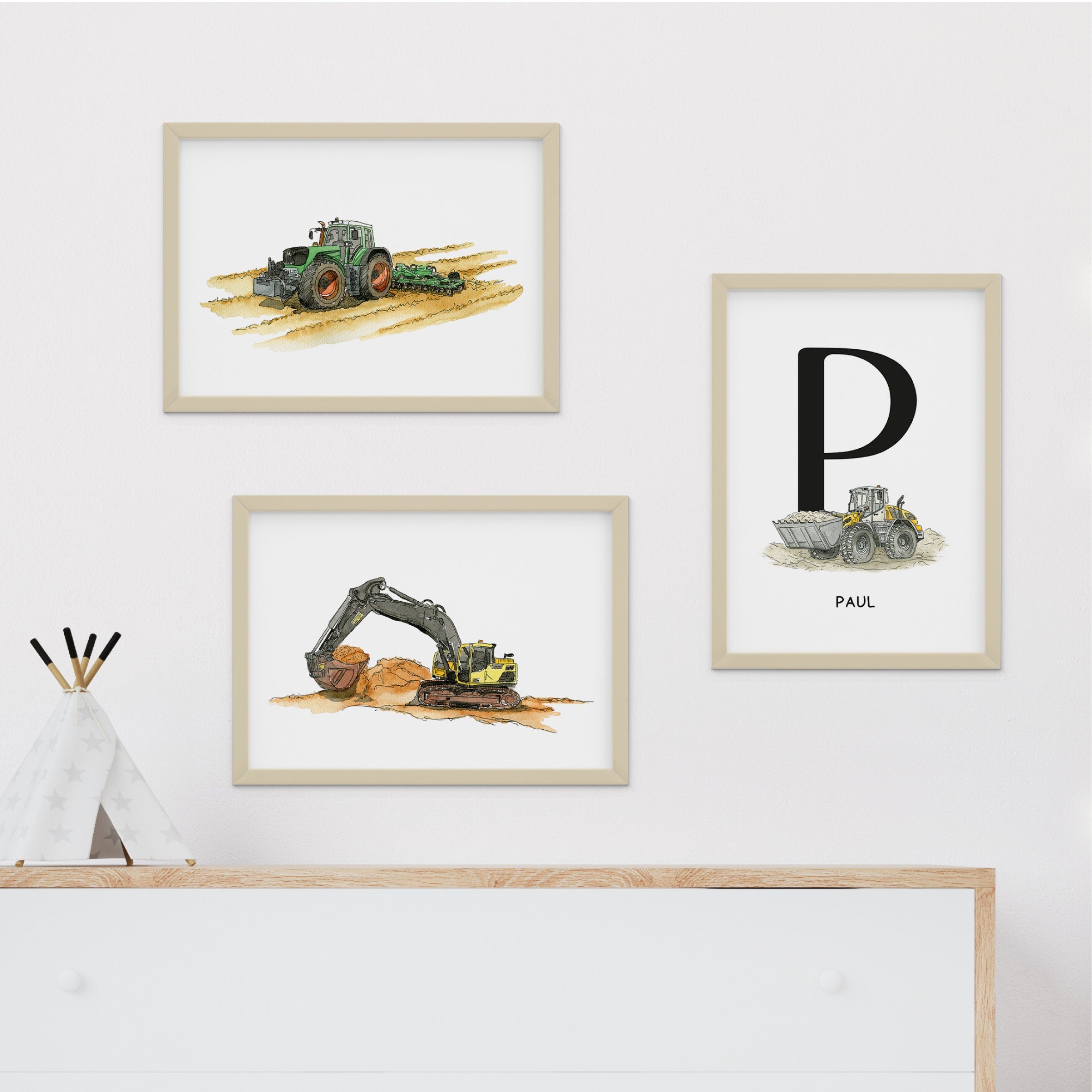 Vehicle Poster Set - Excavator | Wheel Loader | Tractor | Initial
