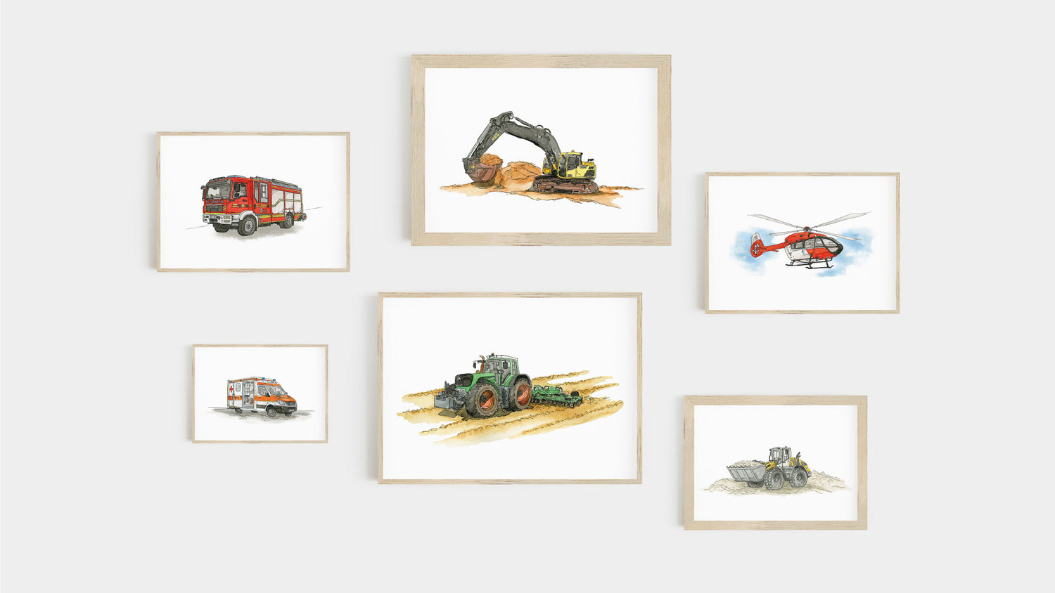 Fahrzeug Poster in Holz Bilderrahmen: Traktor, Bagger, Radlader, Hubschrauber, Feuerwehr und Krankenwagen