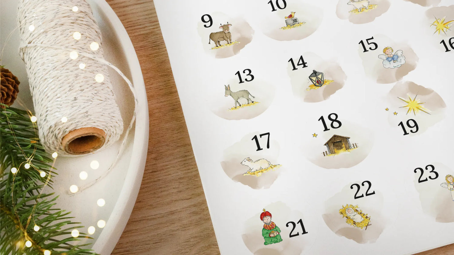 Adventskalender Aufkleber mit 24 Szenen aus der Weihnachtsgeschichte in Aquarell Bildern