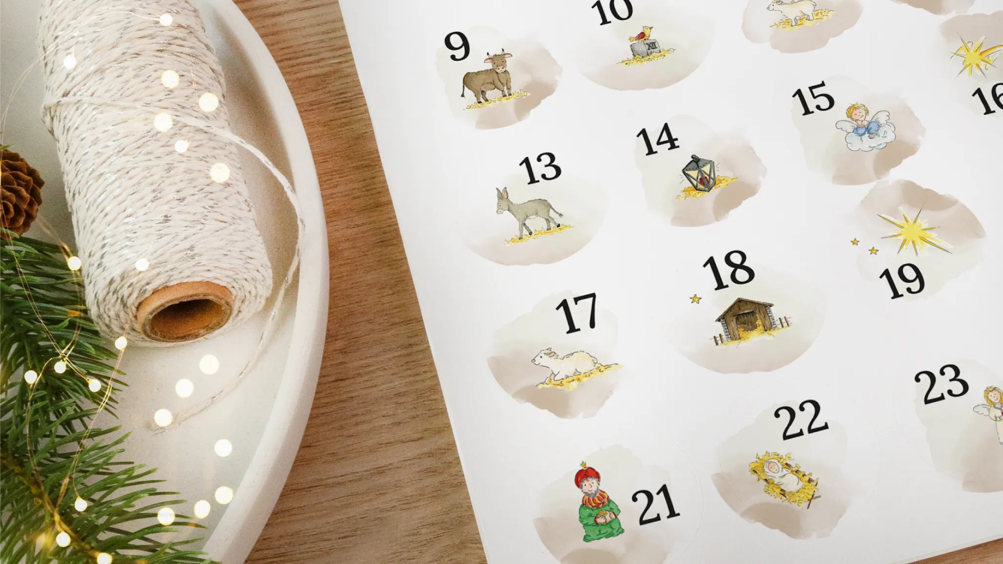 Adventskalender Aufkleber mit 24 Szenen aus der Weihnachtsgeschichte in Aquarell Bildern