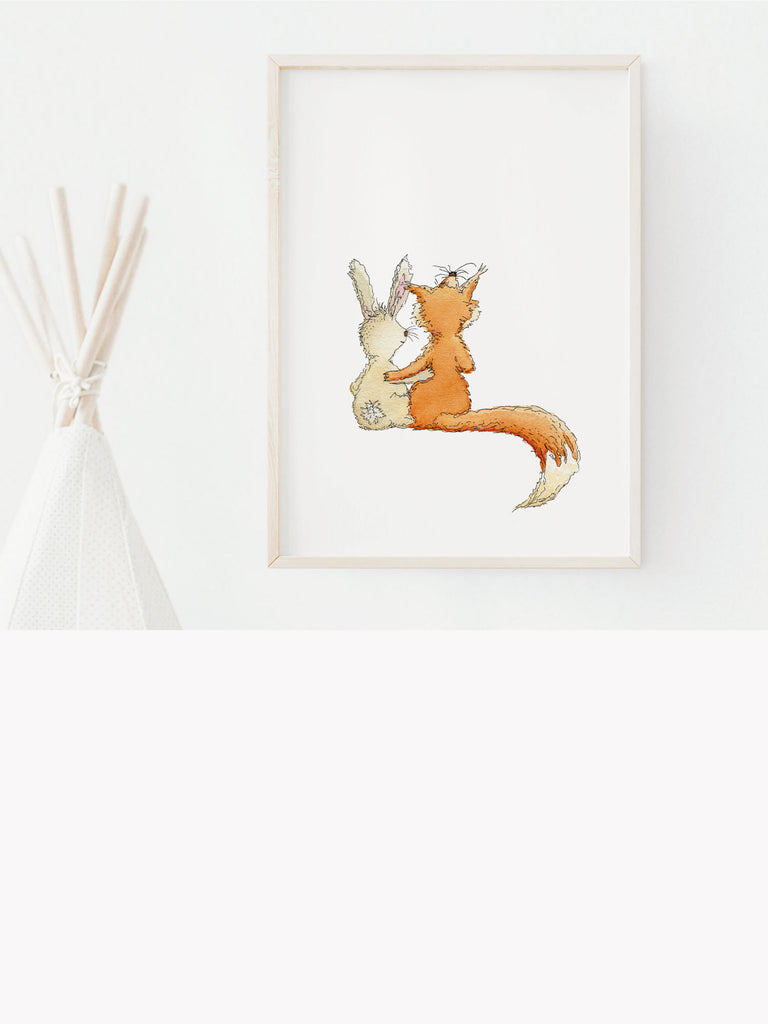 Kategorie Poster für Kinder: Bild mit Fuchs und Hase in Bilderrahmen aus Eichenholz