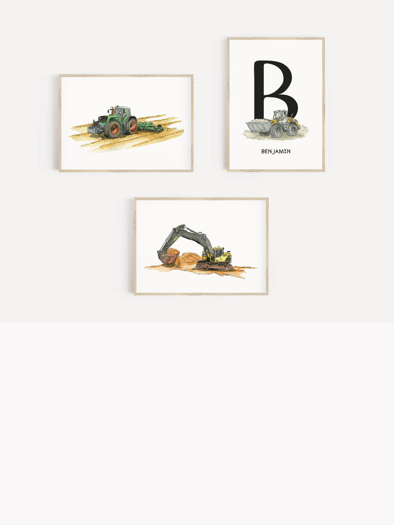 Kategorie Fahrzeug Poster: Bild mit Bagger und Radlader in Posterschienen aus Holz