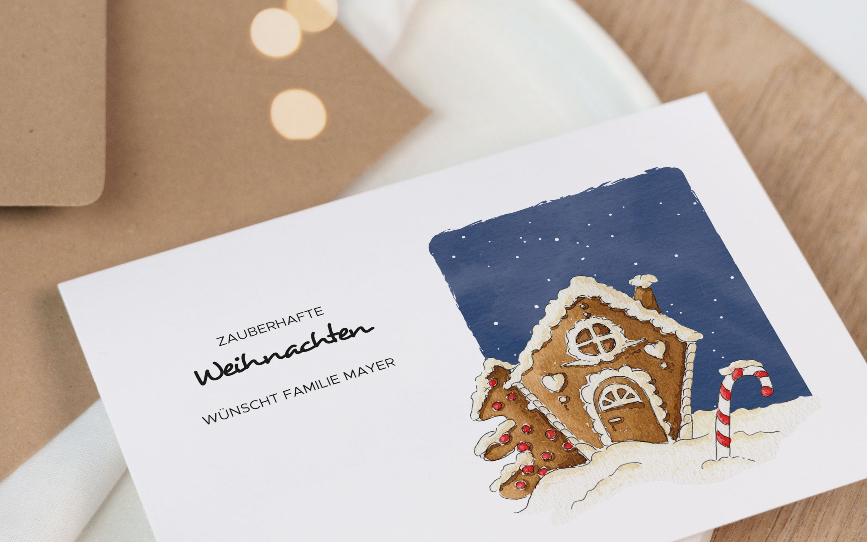 Personalisierte Weihnachtskarte mit Aquarell Lebkuchenhaus von Funkenbunt