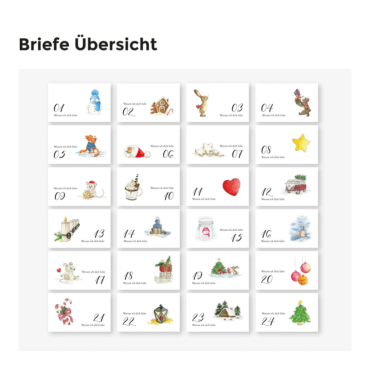 Alle 24 Briefchen in der Übersicht, weihnachtliche Aquarell Motive auf jeder Karte