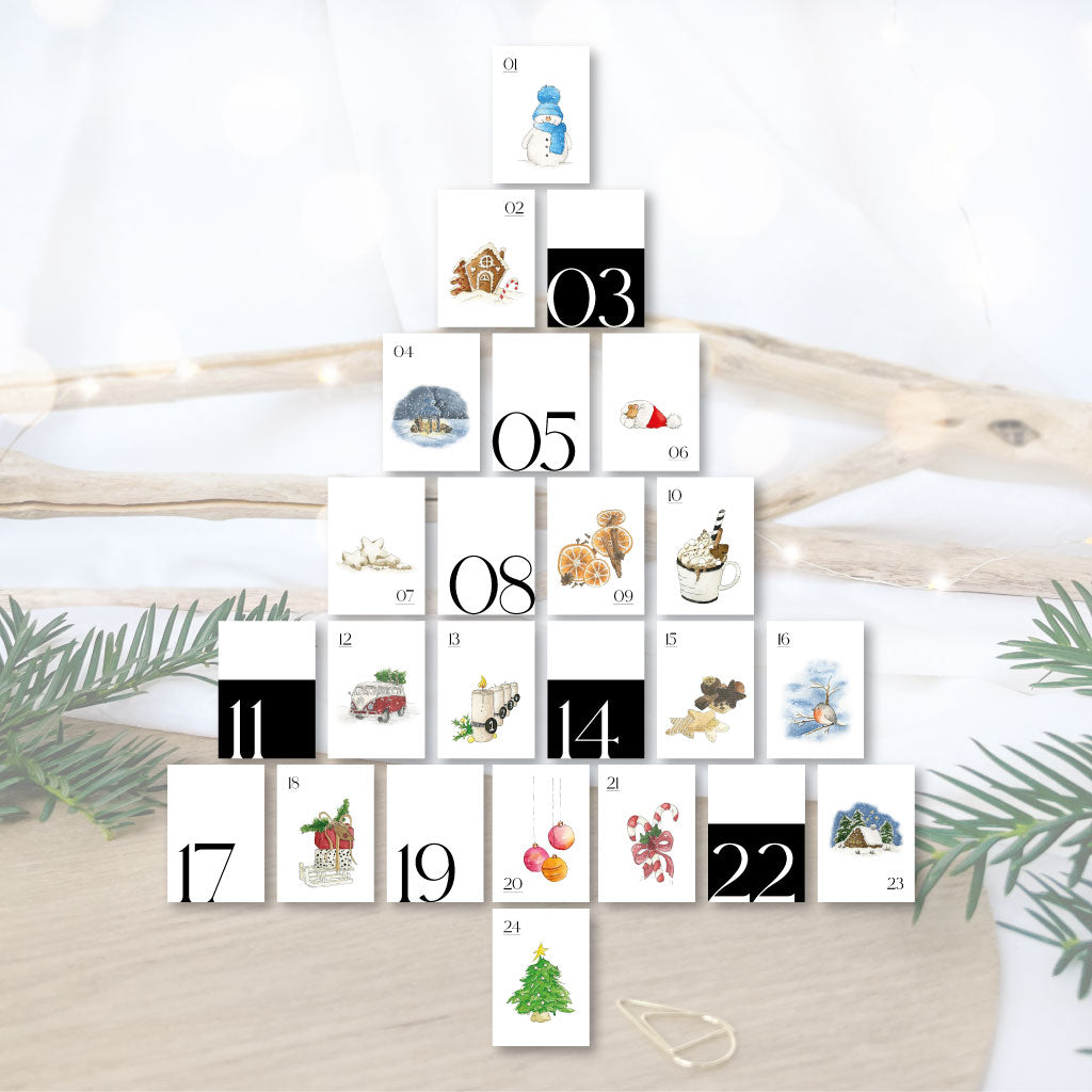 Alle 24 Weihnachtskalender Karten im Überblick, Bildmotive und schwarz weiße Zahlen Karten