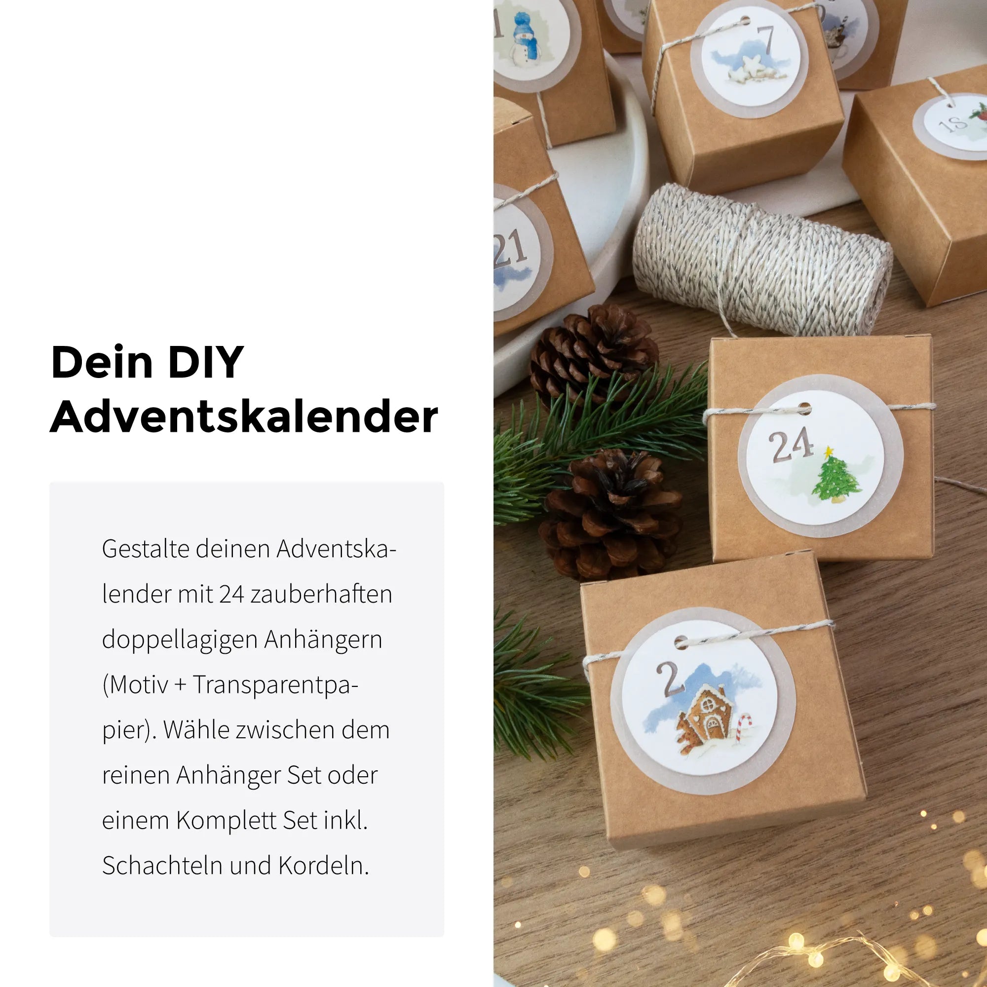 DIY Adventskalender Set mit Kraftpapier Schachteln und handgemaltem Tannenbaum Aquarell Motiv auf doppellagigem Anhänger.