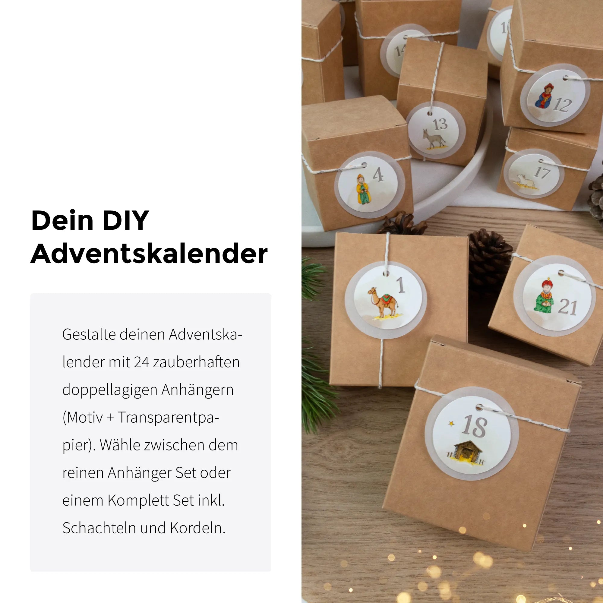 Präsentation des DIY Adventskalender Sets mit Schachteln und transparenten Anhängern für die Vorweihnachtszeit.