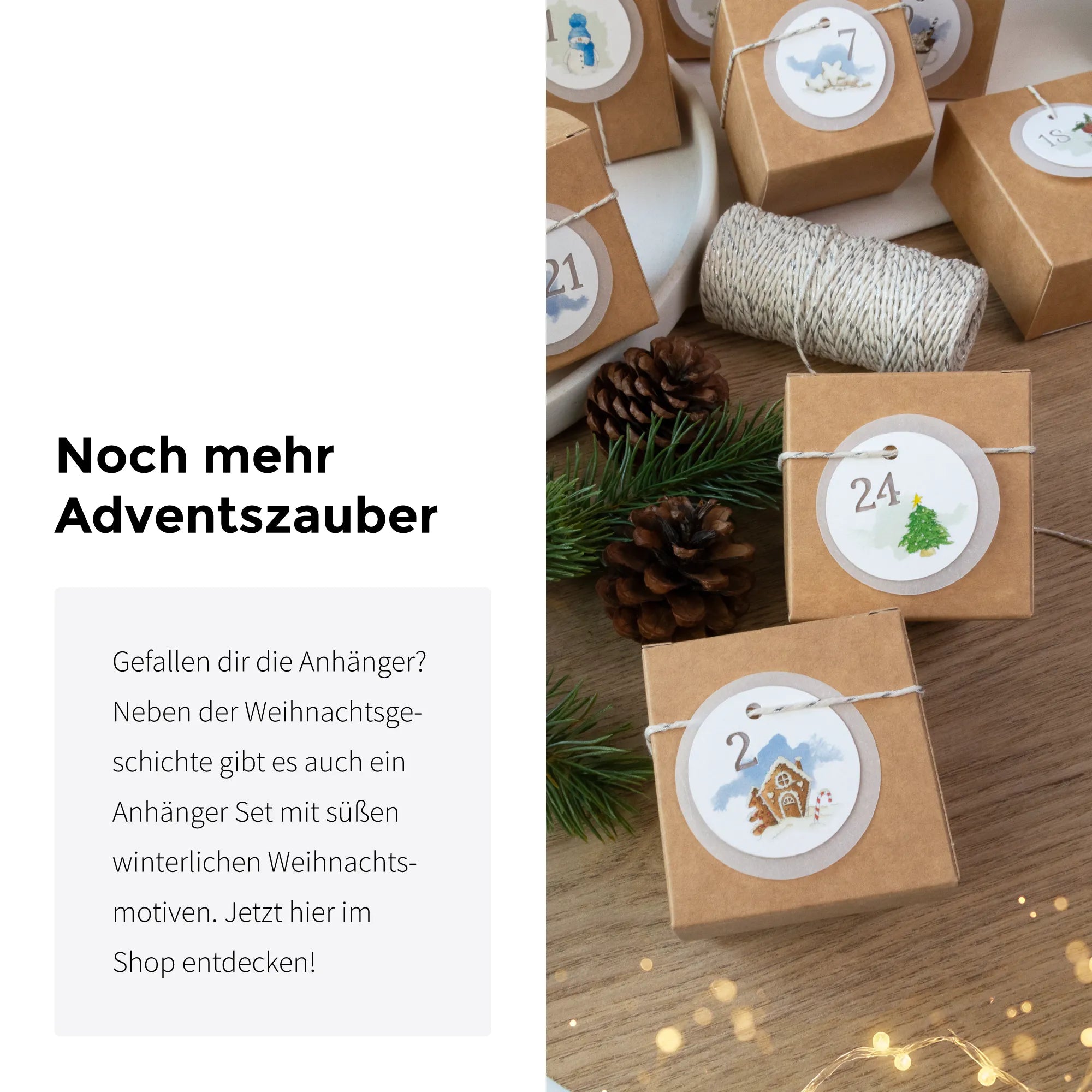 Hinweis auf weitere DIY Adventskalender Bastelsets im Shop mit winterlichen Motiven auf eckigen Schachteln.
