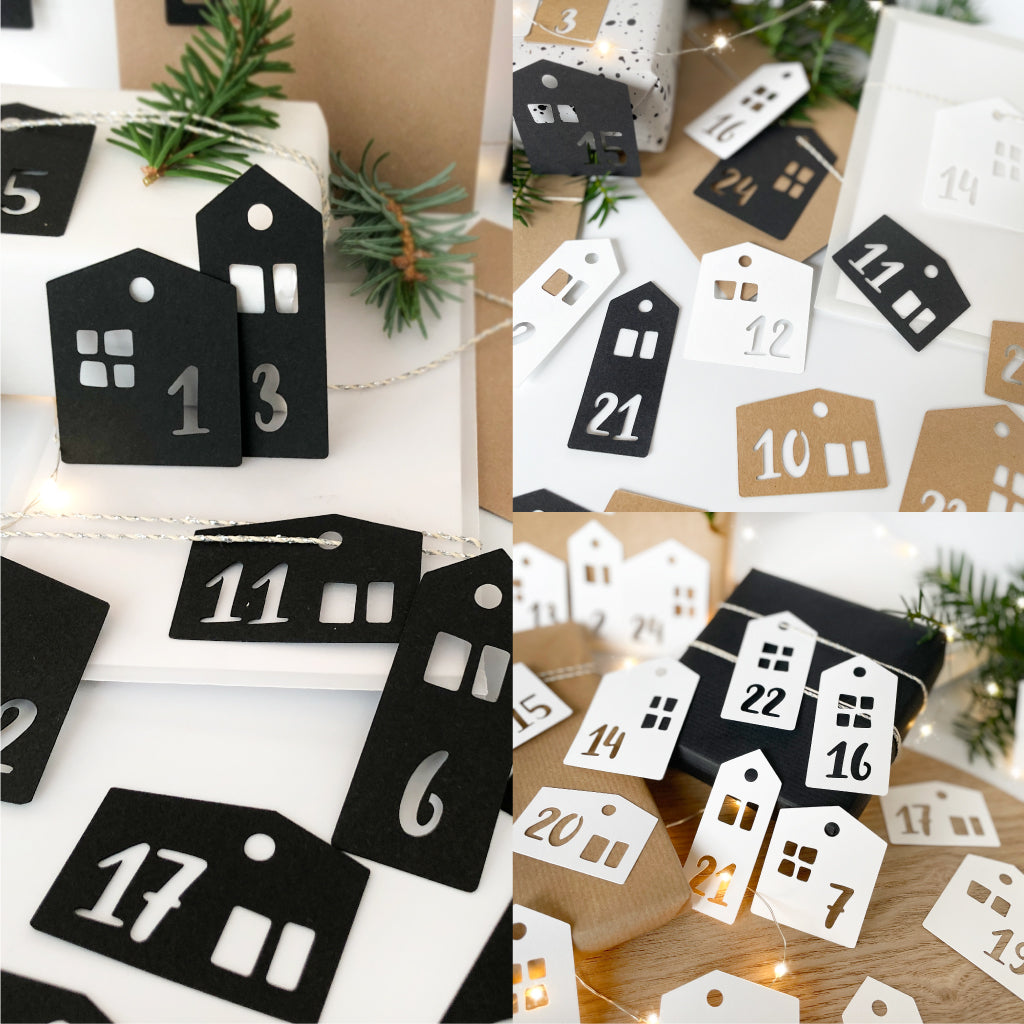 Adventskalender Zahlen Häuser in schwarz, weiß oder als Mix