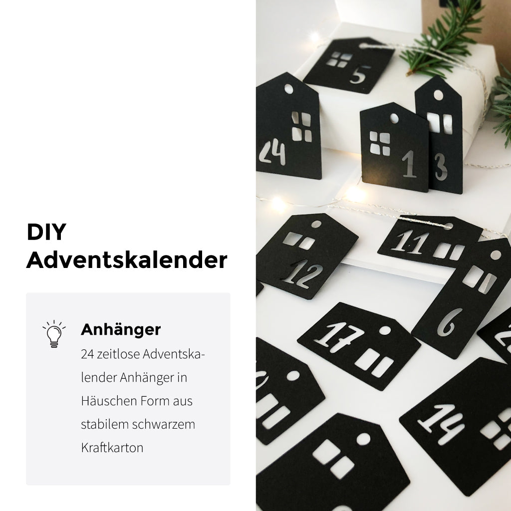 Adventskalender basteln mit Anhängern in Häuschen Form
