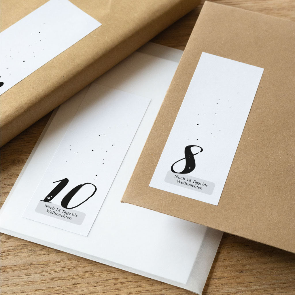Adventskalender Aufkleber Zahlen schwarz weiß mit Countdown Zähler bis Weihnachten