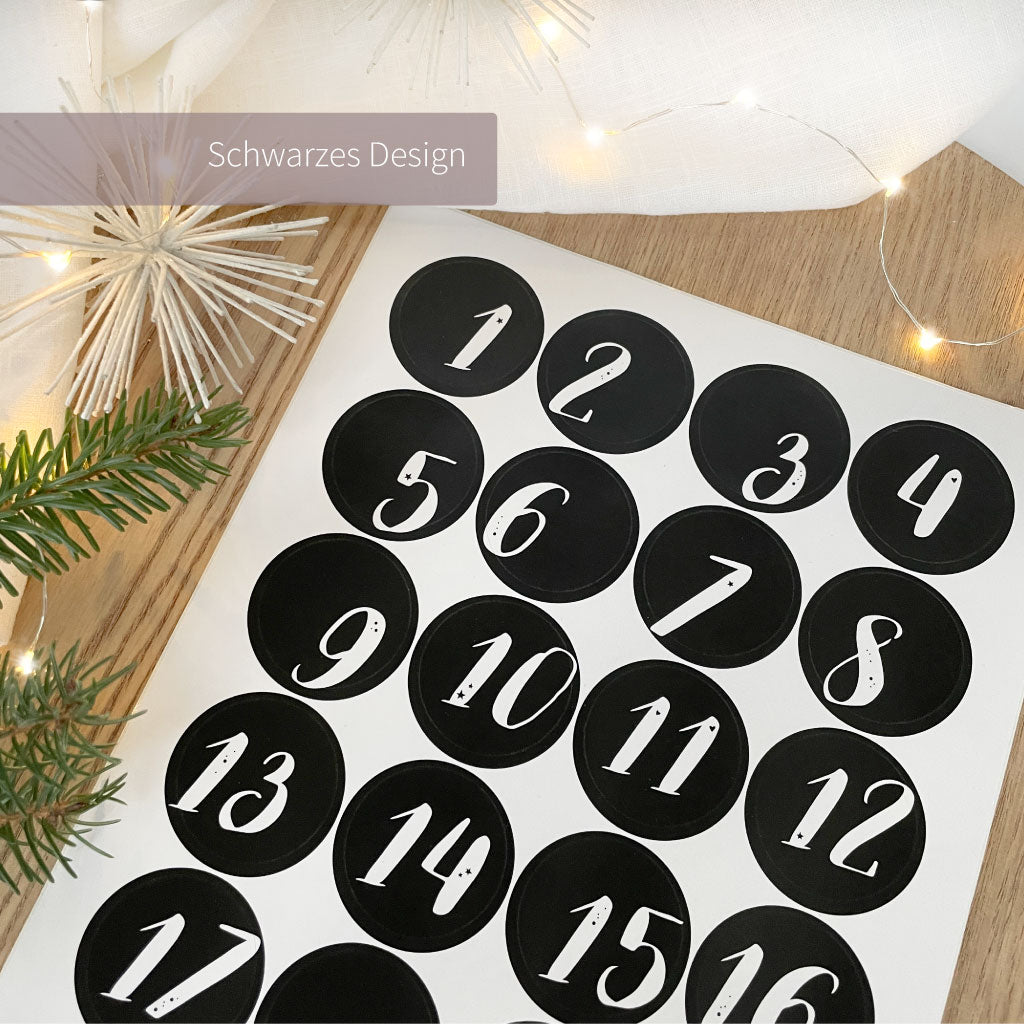 Schwarzes Aufkleber Design mit 24 Adventskalender Zahlen Stickern