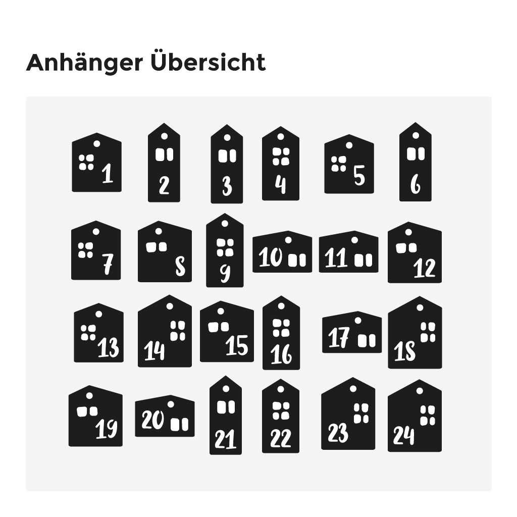 Lieferumfang: 24 PNG Dateien, 24 SVG Dateien, 1 DXF Datei mit 24 Adventskalender Zahlen Häusern