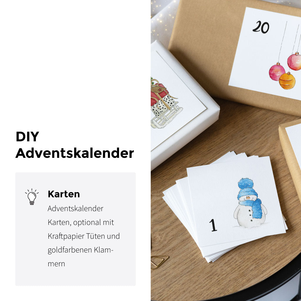 Adventskalender Karten optional mit Kraftpapier Tüten und goldfarbenen Klammern